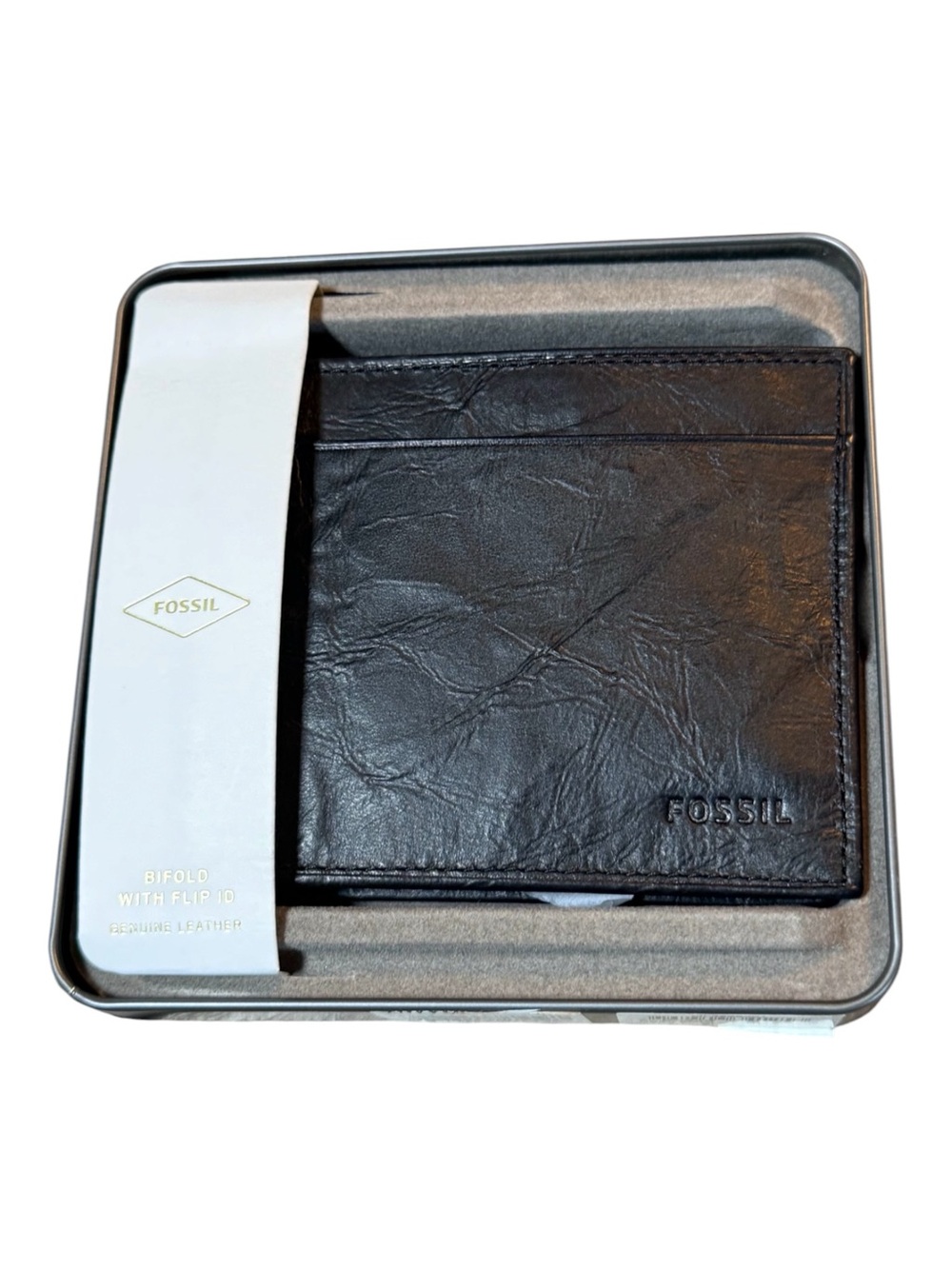 Fossil Neel Black Leather Bifold Wallet Flip ID Genuine Leather NWT Gift Box